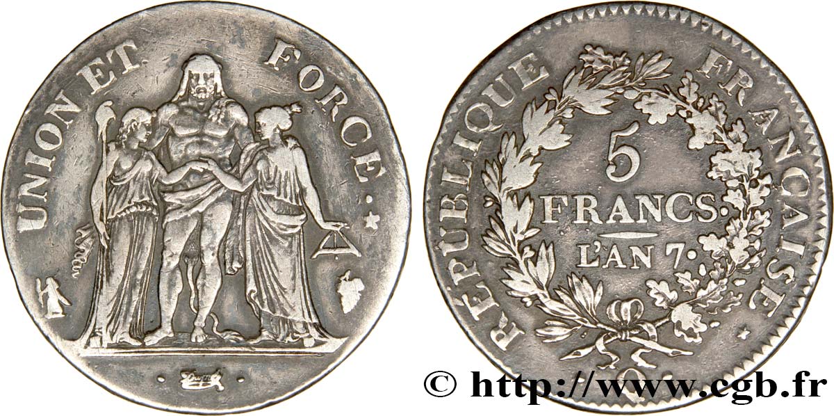 5 francs Union et Force, Union serré, seulement gland extérieur, petite feuille 1799 Perpignan F.288/122 BB48 
