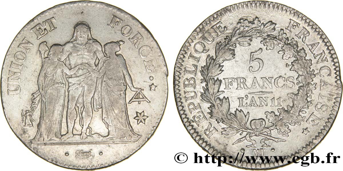 5 francs Union et Force, Union serré, seulement glands intérieurs 1803 Marseille F.288/196 MBC40 
