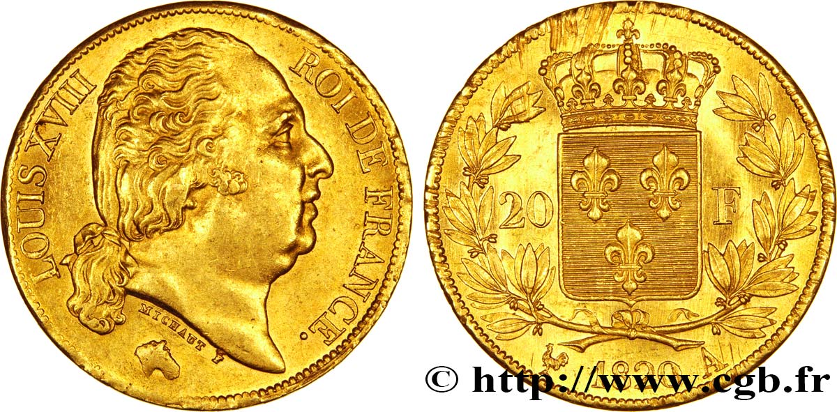 20 francs or Louis XVIII, tête nue 1820 Paris F.519/19 SUP61 