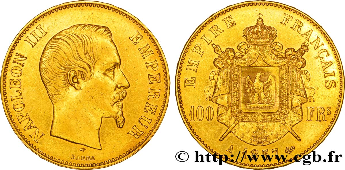 100 francs or Napoléon III, tête nue 1857 Paris F.550/4 XF45 