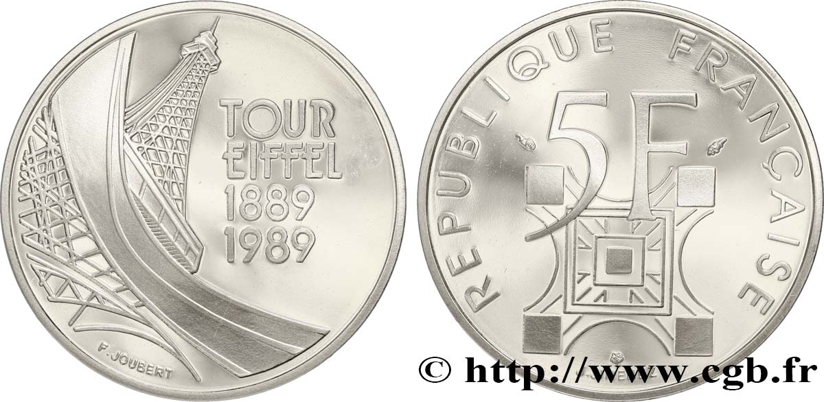 Belle Épreuve argent 5 francs Tour Eiffel 1989 Paris F5.1200 3 MS65 
