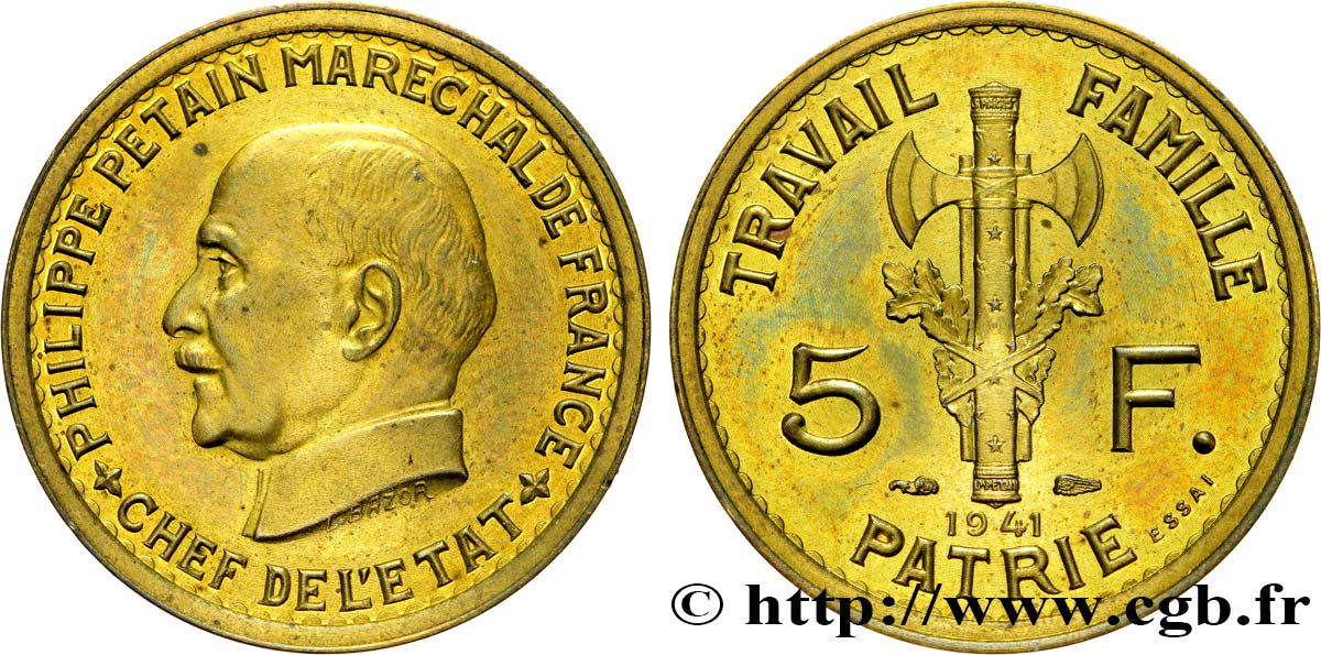 Essai-piéfort de 5 francs Pétain en bronze-aluminium, 2e projet de Bazor 1941  VG.5574  var. MS64 