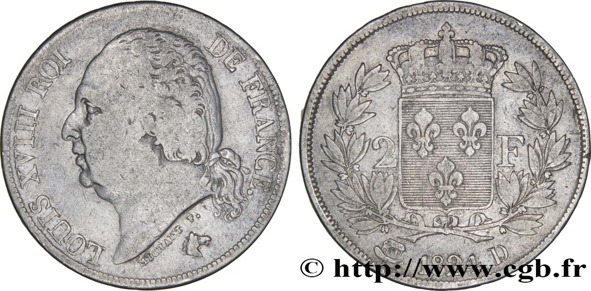 2 francs Louis XVIII 1824 Lyon F.257/53 VF25 