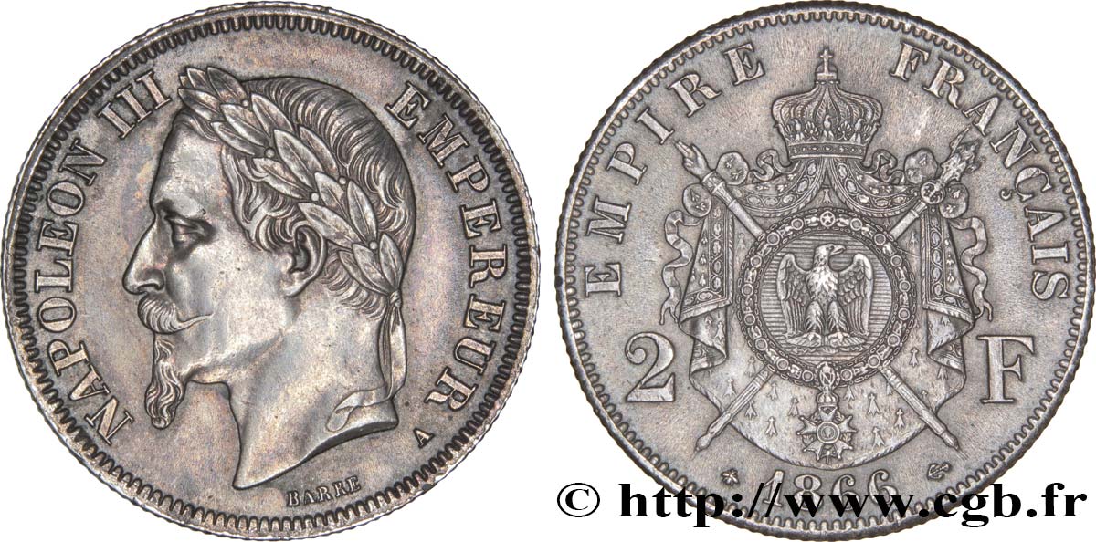 2 francs Napoléon III, tête laurée 1866 Paris F.263/2 AU52 