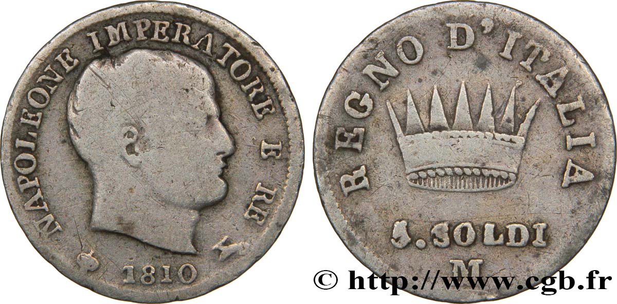 5 soldi Napoléon Empereur et Roi d’Italie 1810 Milan M.280  VF20 