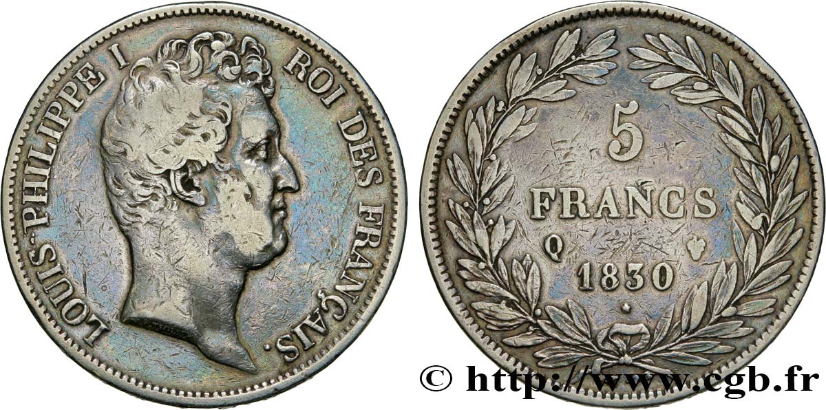 5 francs type Tiolier avec le I, tranche en creux 1830 Perpignan F.315/11 S38 