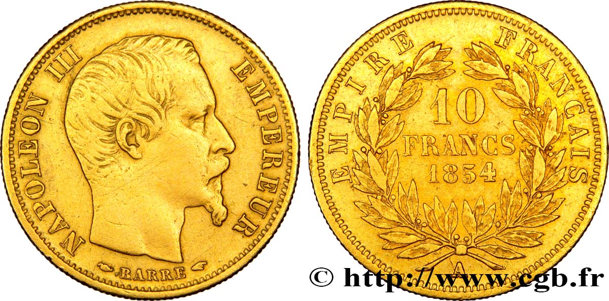 10 francs or Napoléon III, tête nue, petit module, tranche cannelée 1854 Paris F.505A/1 XF45 