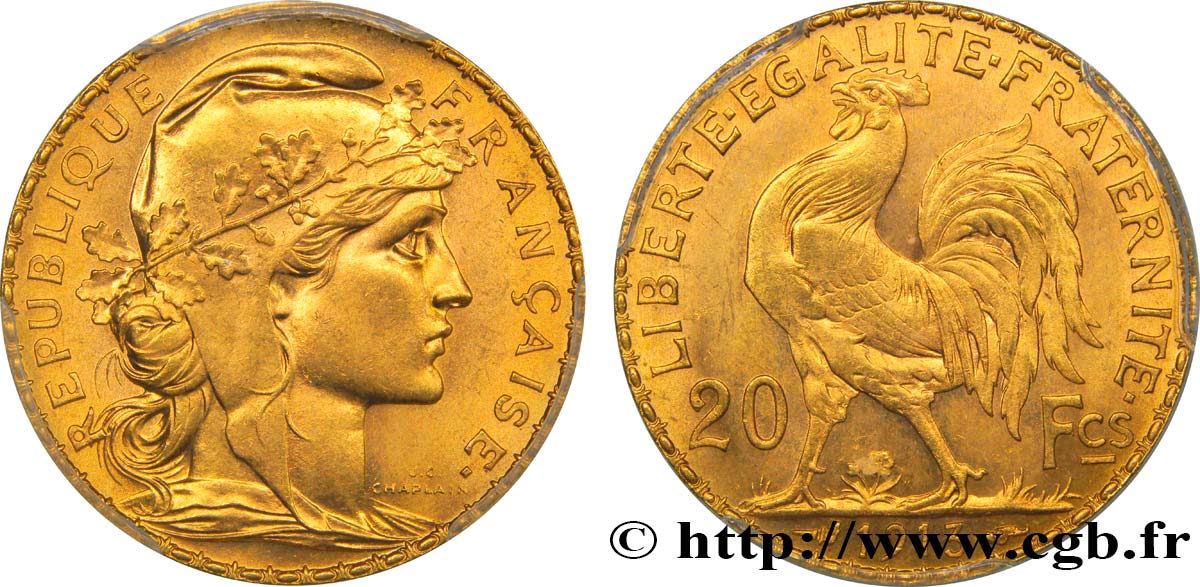 20 francs or Coq, Liberté Égalité Fraternité 1913 Paris F.535/7 MS64 