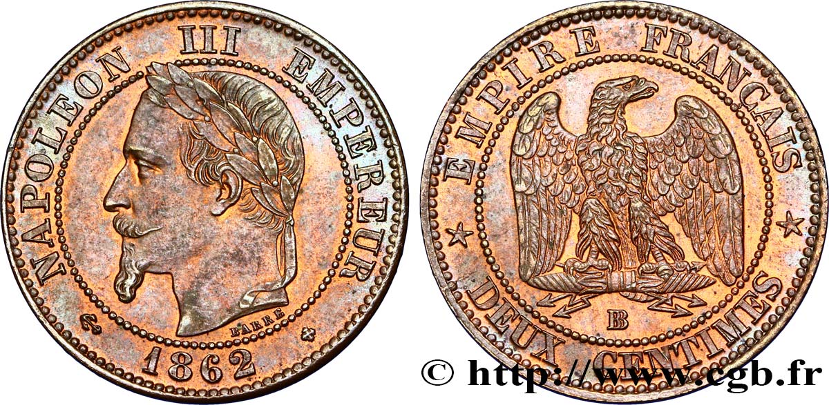 Deux centimes Napoléon III, tête laurée 1862 Strasbourg F.108A/5 MS60 