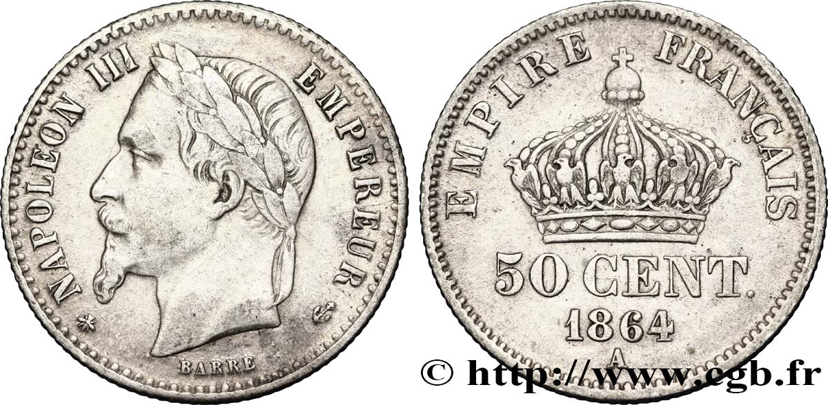 50 centimes Napoléon III, tête laurée 1864 Paris F.188/2 SS48 
