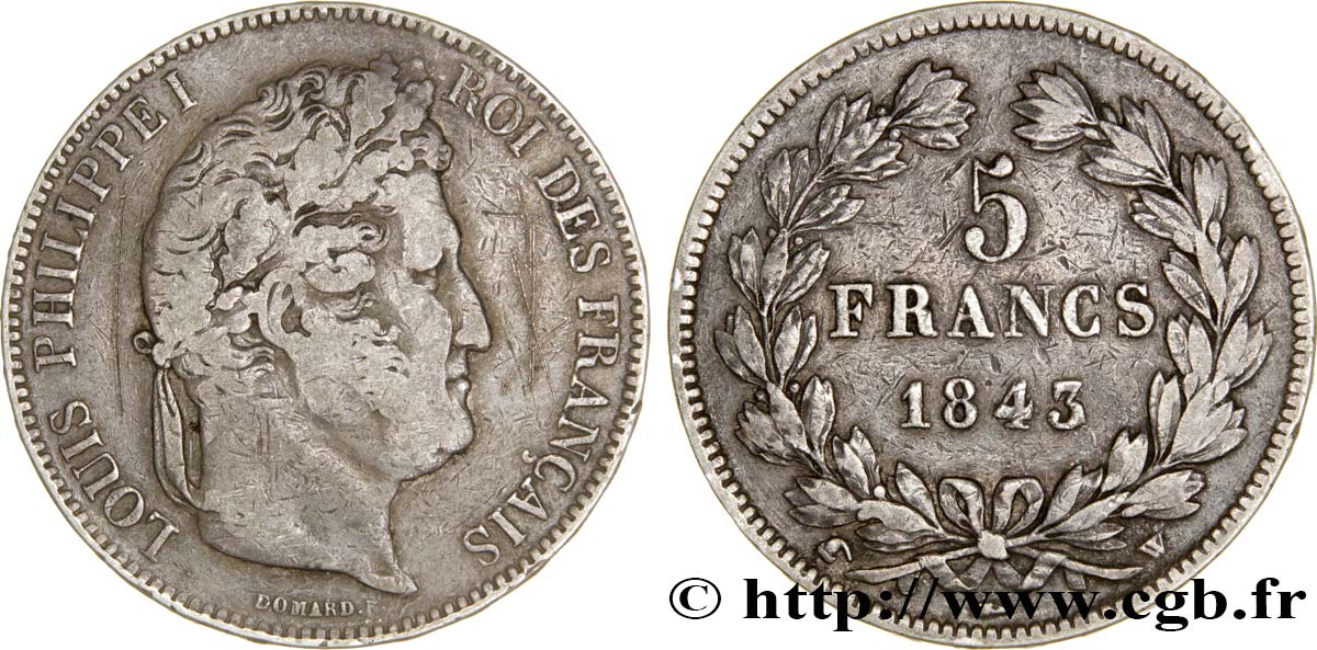 5 francs IIe type Domard 1843 Lille F.324/104 VF30 