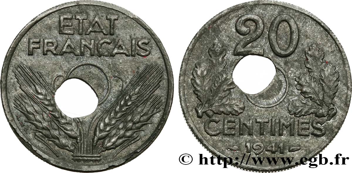20 centimes État français, trou décentré 1942 Paris F.153/4 var. TTB40 