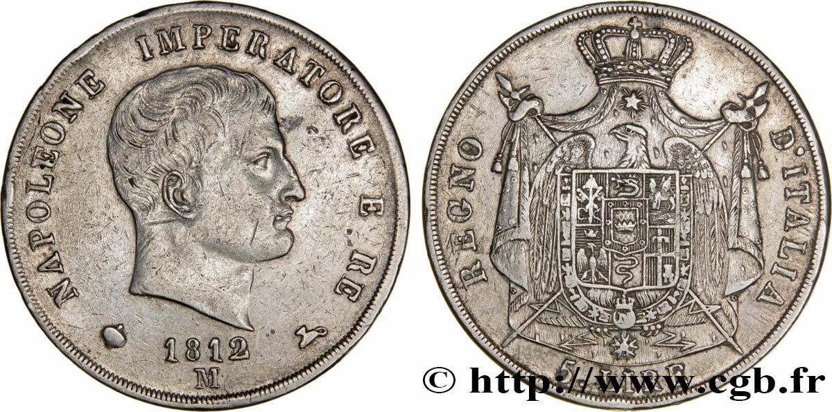 5 lire Napoléon Empereur et Roi d’Italie, 2ème type, tranche en creux 1812 Milan M.226  BB48 