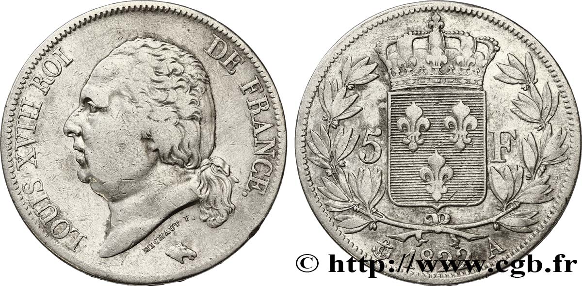 5 francs Louis XVIII, tête nue 1822 Paris F.309/68 VF25 