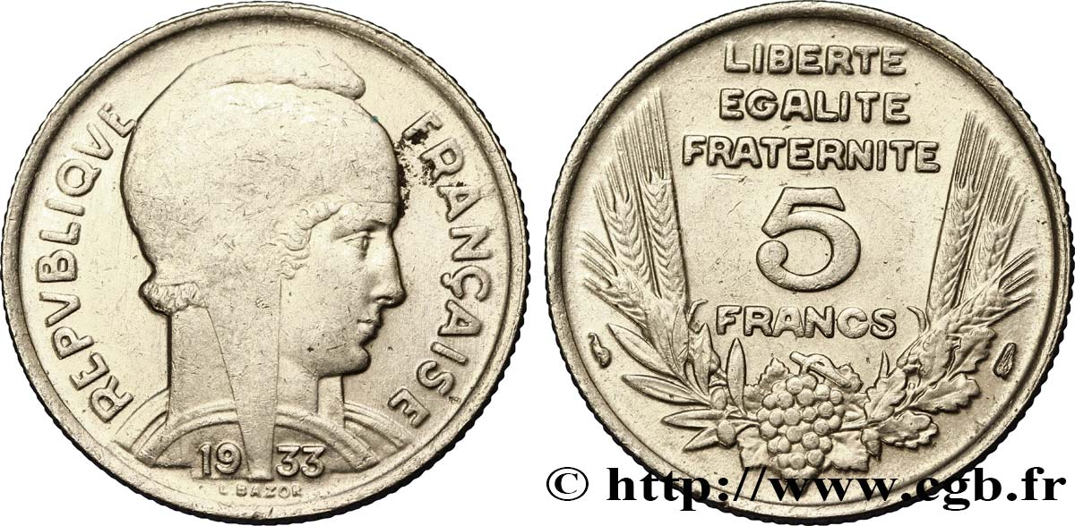 5 francs Bazor 1933  F.335/3 AU53 