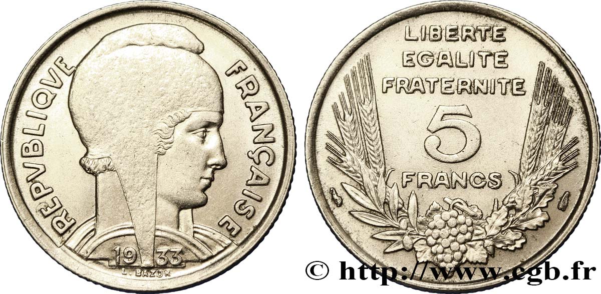 5 francs Bazor 1933  F.335/2 SUP58 
