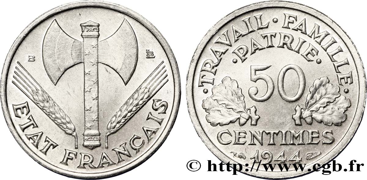 50 centimes Francisque, légère 1944 Beaumont-Le-Roger F.196/5 VZ62 