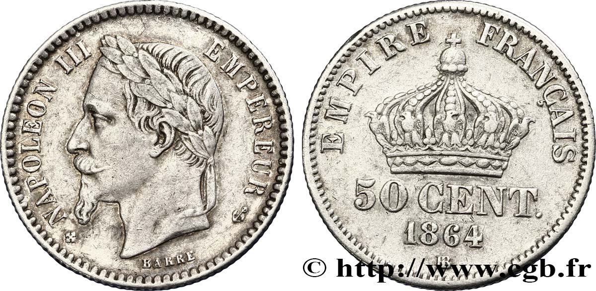 50 centimes Napoléon III, tête laurée 1864 Strasbourg F.188/3 XF45 