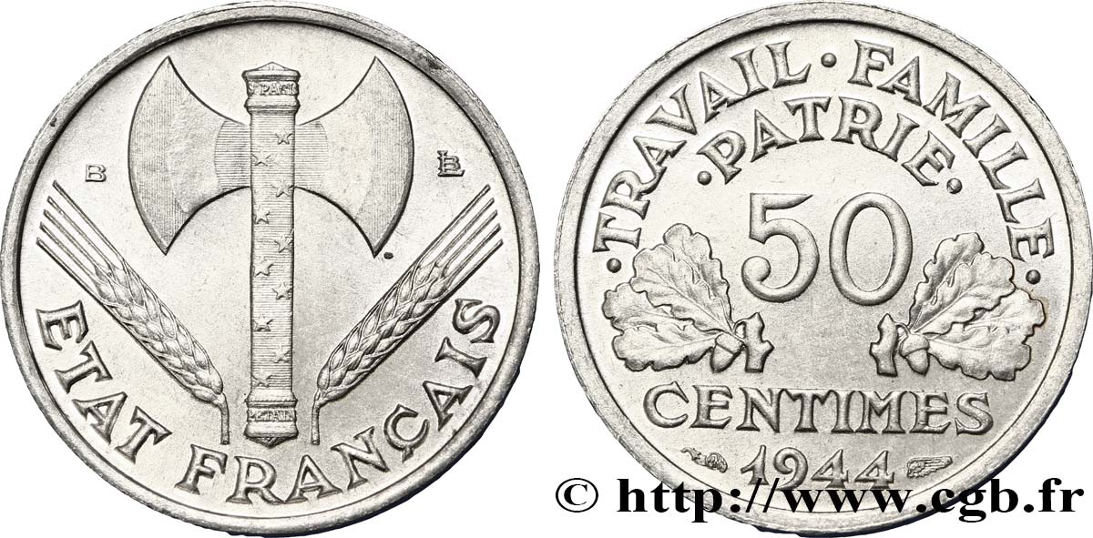50 centimes Francisque, légère 1944 Beaumont-Le-Roger F.196/5 SC63 