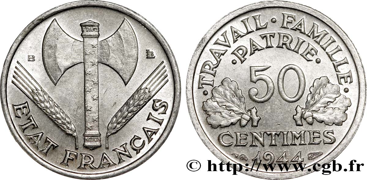 50 centimes Francisque, légère 1944 Beaumont-Le-Roger F.196/5 MS63 
