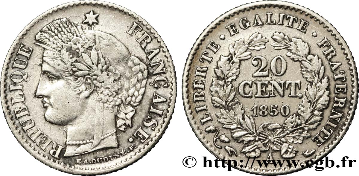 20 centimes Cérès, IIe République 1850 Paris F.146/2 XF45 