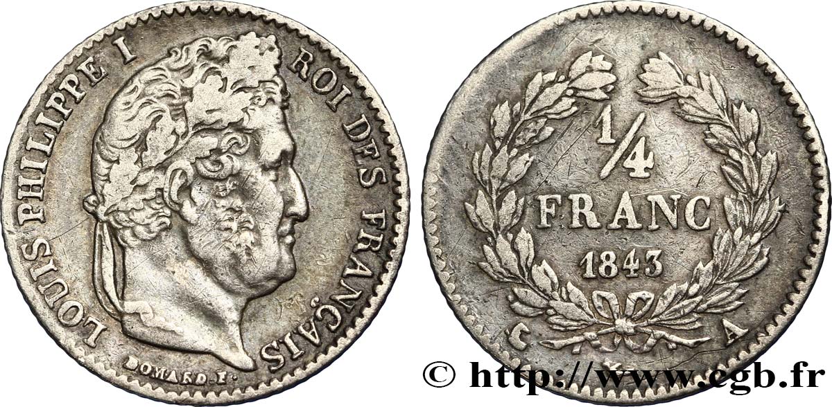 1/4 franc Louis-Philippe 1843 Paris F.166/93 SS45 