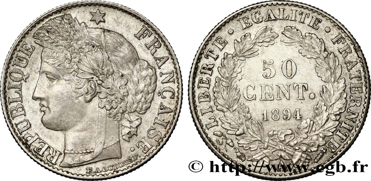50 centimes Cérès, IIIe République 1894 Paris F.189/15 AU58 