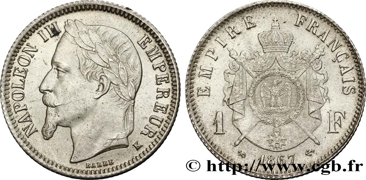 1 franc Napoléon III, tête laurée 1867 Bordeaux F.215/9 SC63 