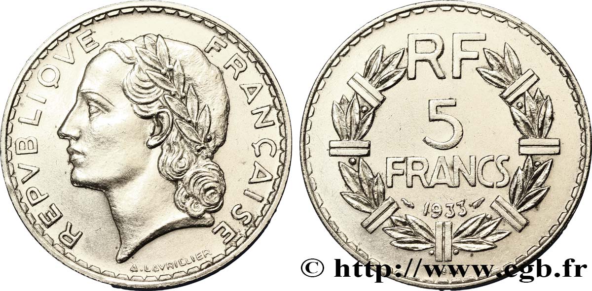 Essai de 5 francs Lavrillier, nickel 1933  F.336/1 EBC58 