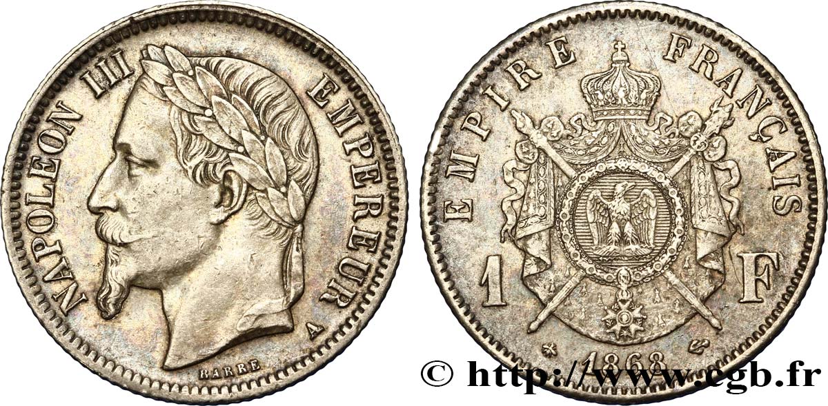 1 franc Napoléon III, tête laurée 1868 Paris F.215/10 MS60 