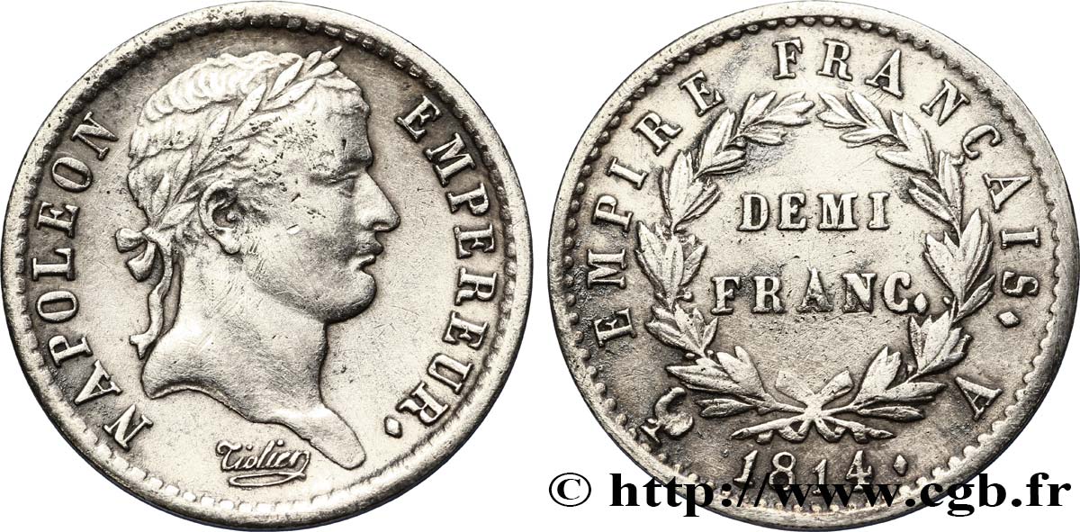 Demi-franc Napoléon Ier tête laurée, Empire français 1814 Paris F.178/63 AU50 