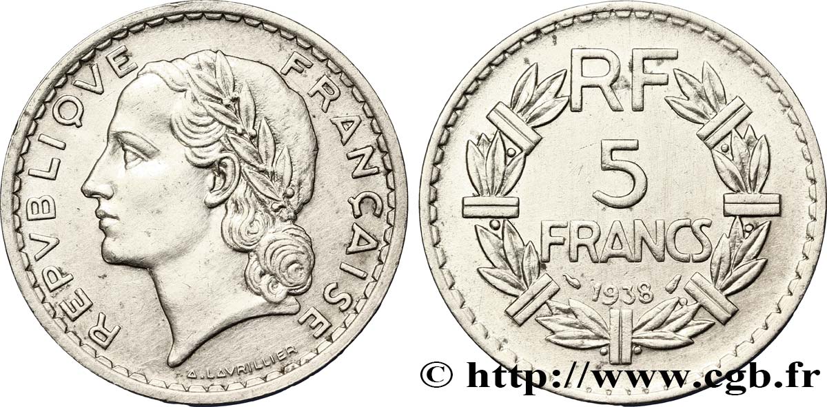 5 francs Lavrillier, nickel 1938  F.336/7 TTB50 
