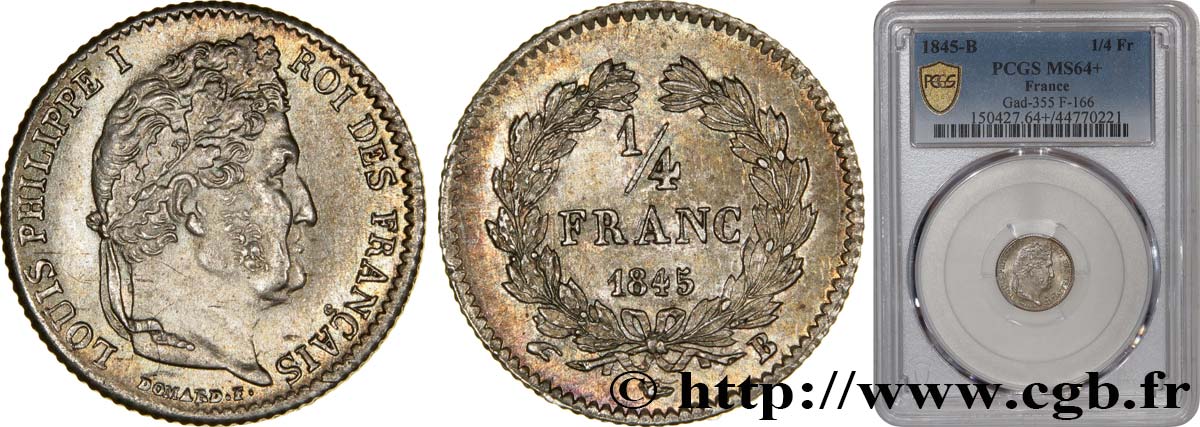 1/4 franc Louis-Philippe 1845 Rouen F.166/103 SPL64 PCGS