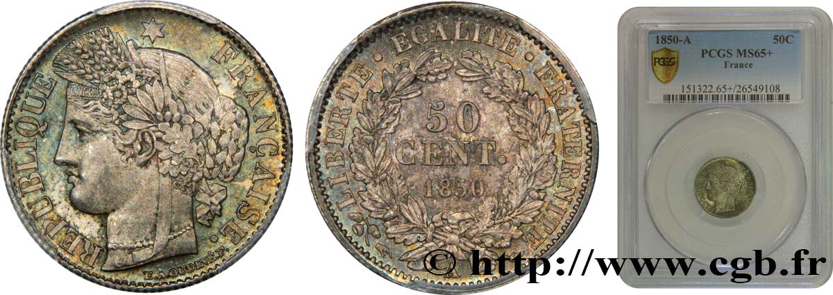 50 centimes Cérès, IIe République 1850 Paris F.184/2 ST65 PCGS