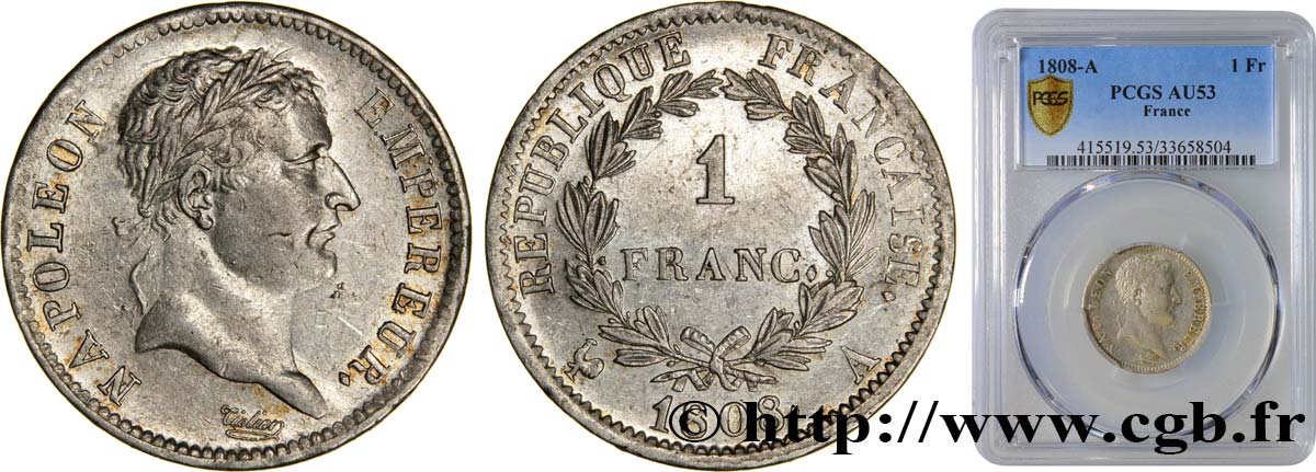 1 franc Napoléon Ier tête laurée, République française 1808 Paris F.204/2 SS53 PCGS