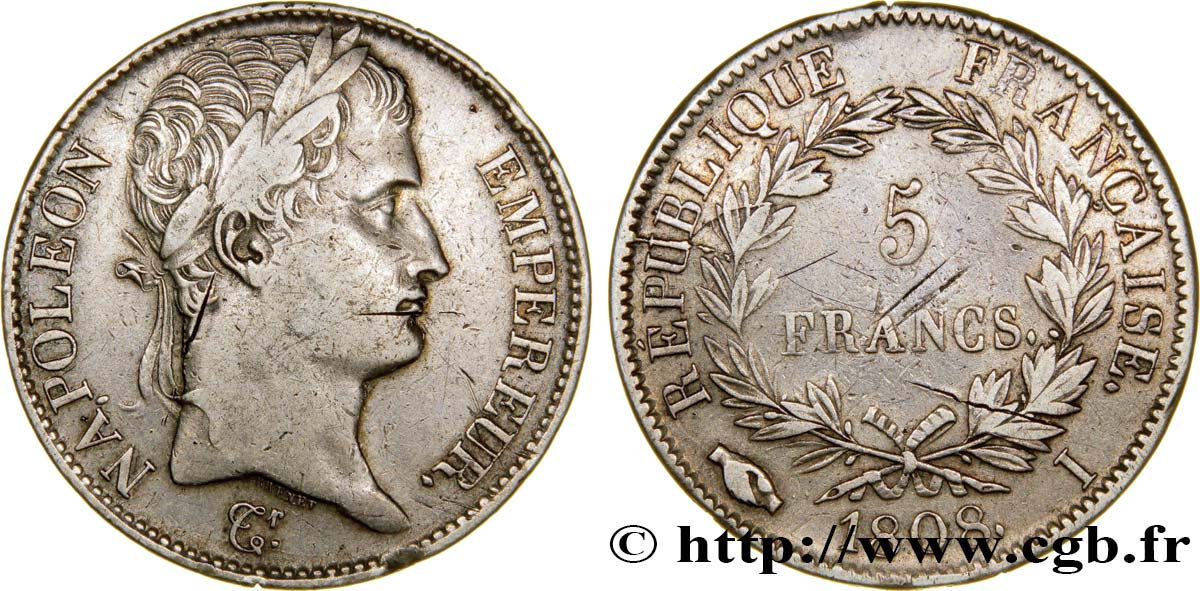 5 francs Napoléon Empereur, République française 1808 Limoges F.306/7 XF45 