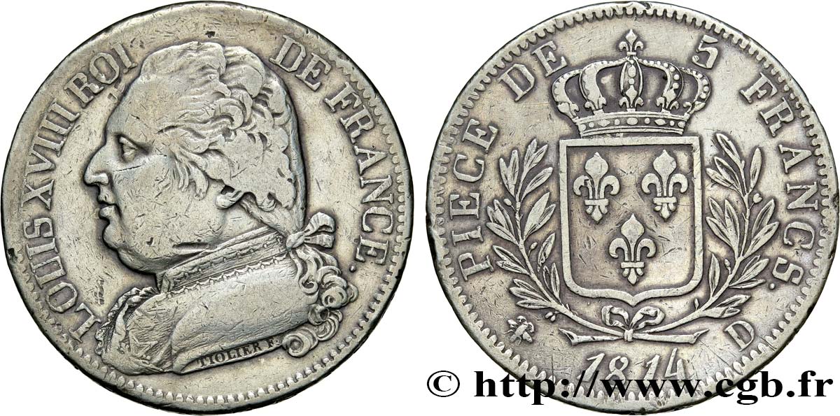 5 francs Louis XVIII, buste habillé 1814 Lyon F.308/4 SS40 