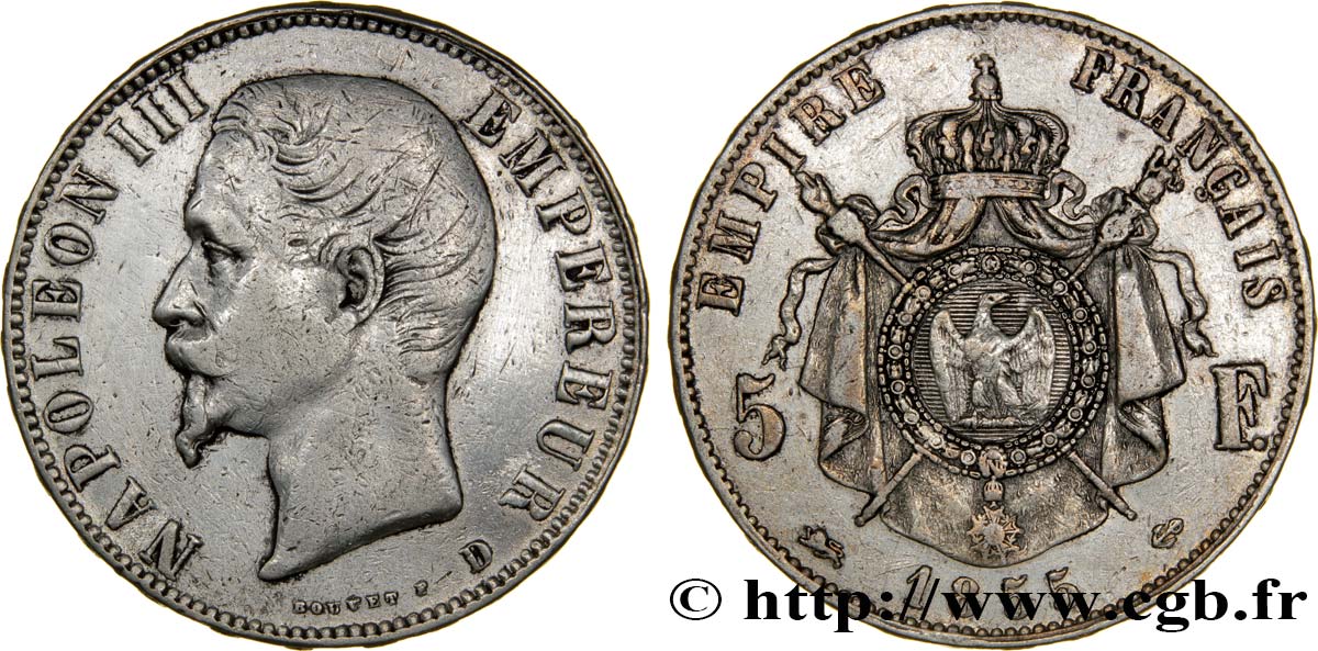 5 francs Napoléon III, tête nue 1855 Lyon F.330/5 VF30 