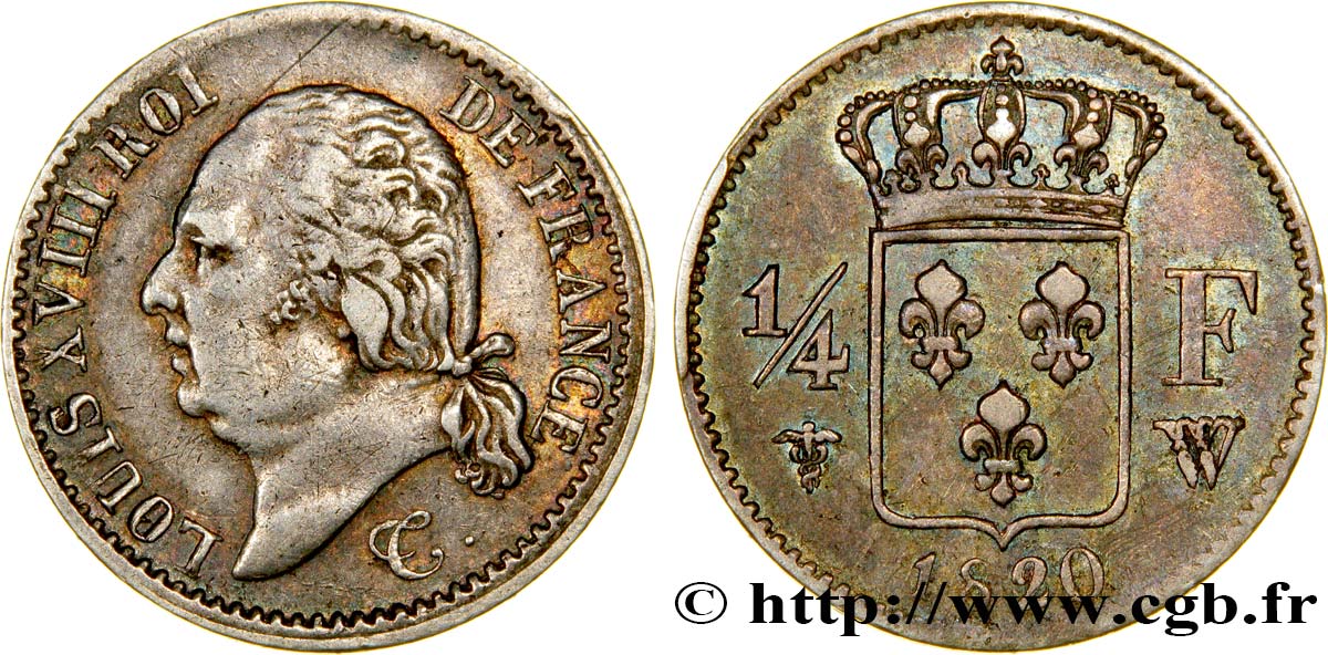 1/4 franc Louis XVIII 1820 Lille F.163/19 XF45 