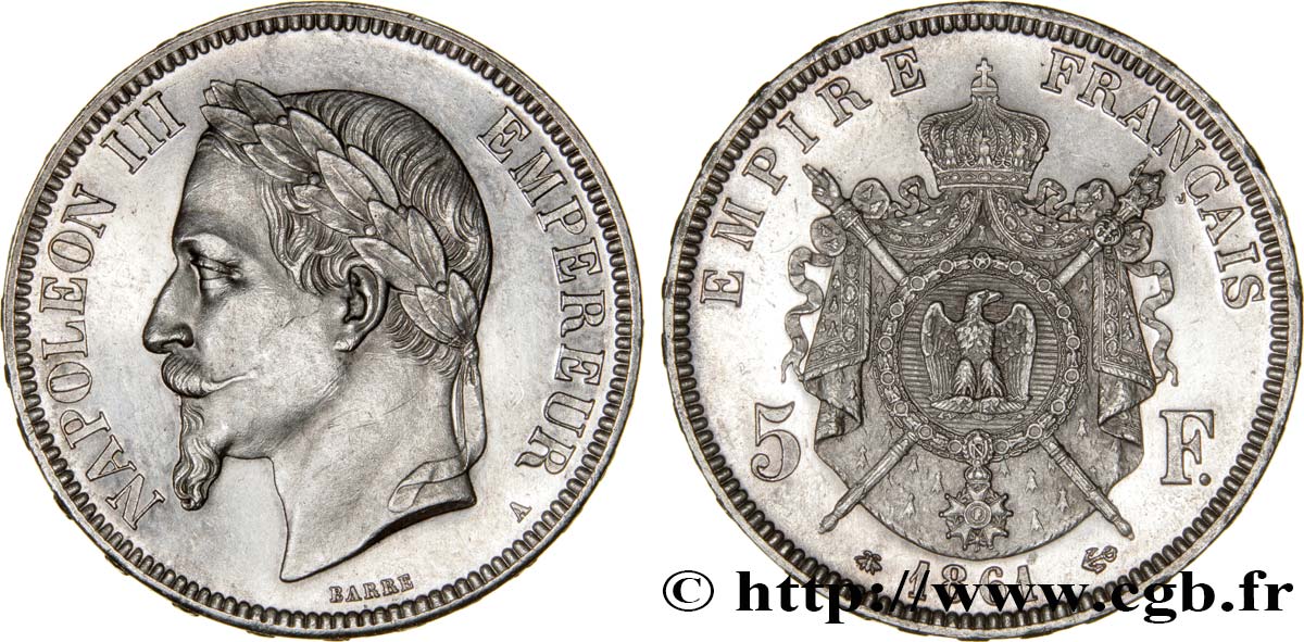 5 francs Napoléon III, tête laurée, petit A 1861 Paris F.331/1 fST63 