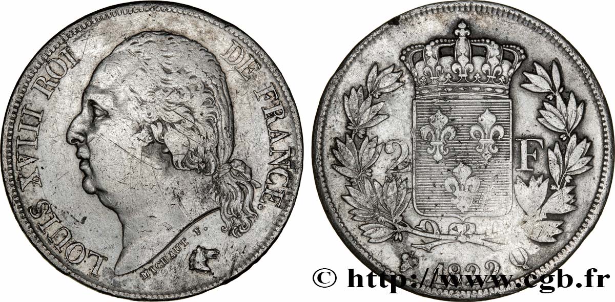 2 francs Louis XVIII 1822 Perpignan F.257/40 XF40 