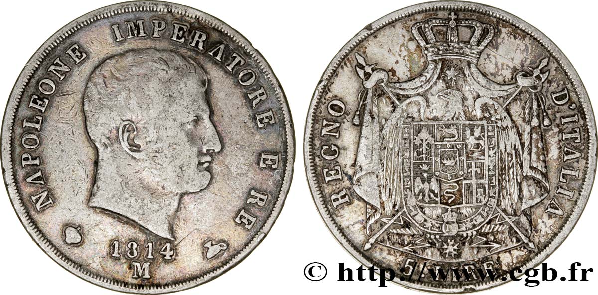 5 lire Napoléon Empereur et Roi d’Italie, 2ème type, tranche en creux 1814 Milan M.231  VF35 