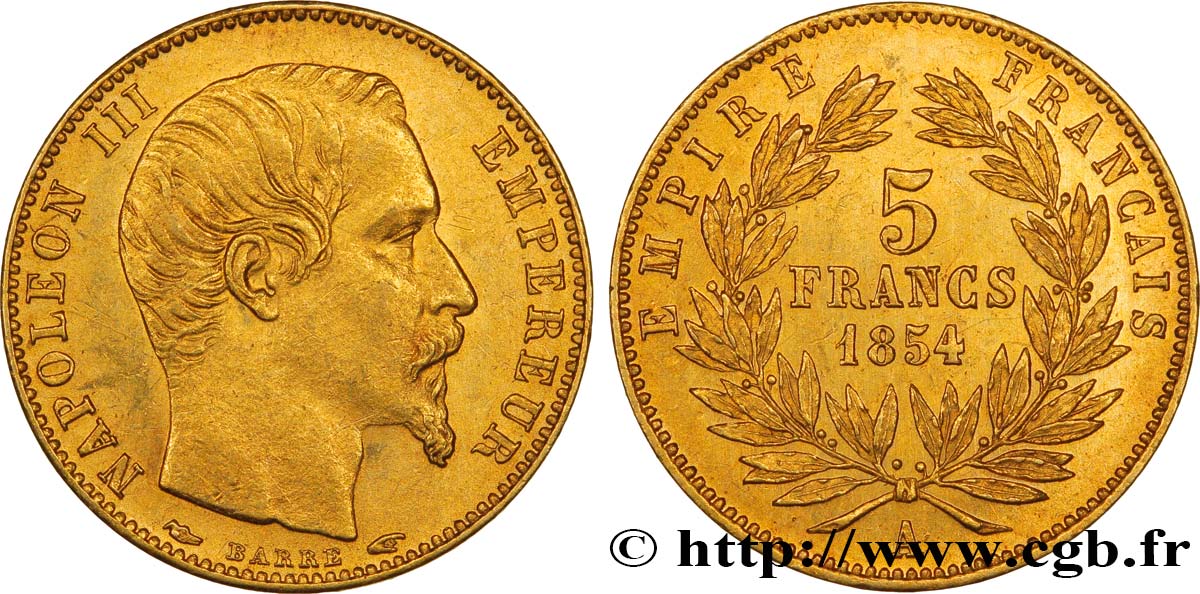 5 francs or Napoléon III, tête nue, petit module, tranche lisse 1854 Paris F.500/1 AU53 