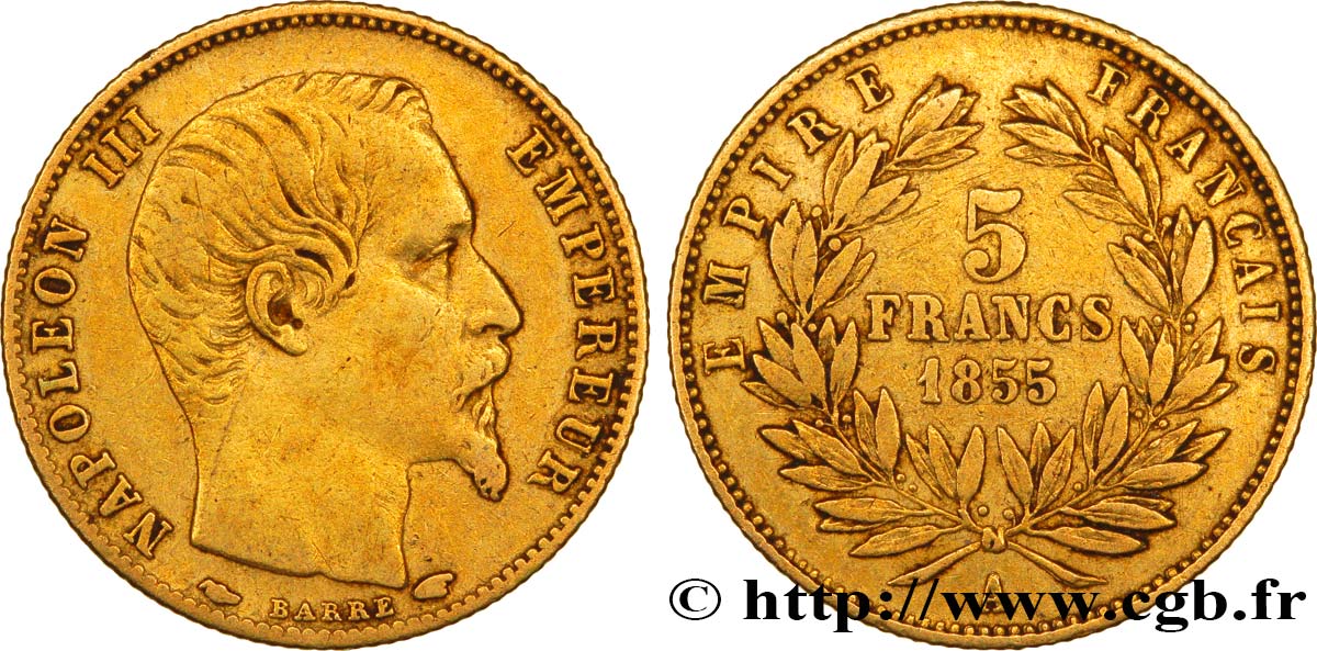 5 francs or Napoléon III, tête nue, petit module, tranche cannelée 1855 Paris F.500A/2 XF40 