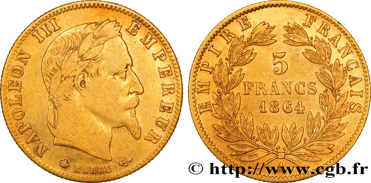 5 francs or Napoléon III, tête laurée 1864 Paris F.502/5 XF40 
