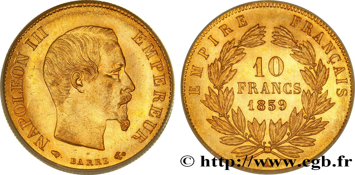 10 francs or Napoléon III, tête nue 1859 Paris F.506/7 MS65 