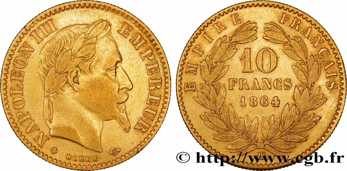 10 francs or Napoléon III, tête laurée 1864 Strasbourg F.507A/7 XF42 