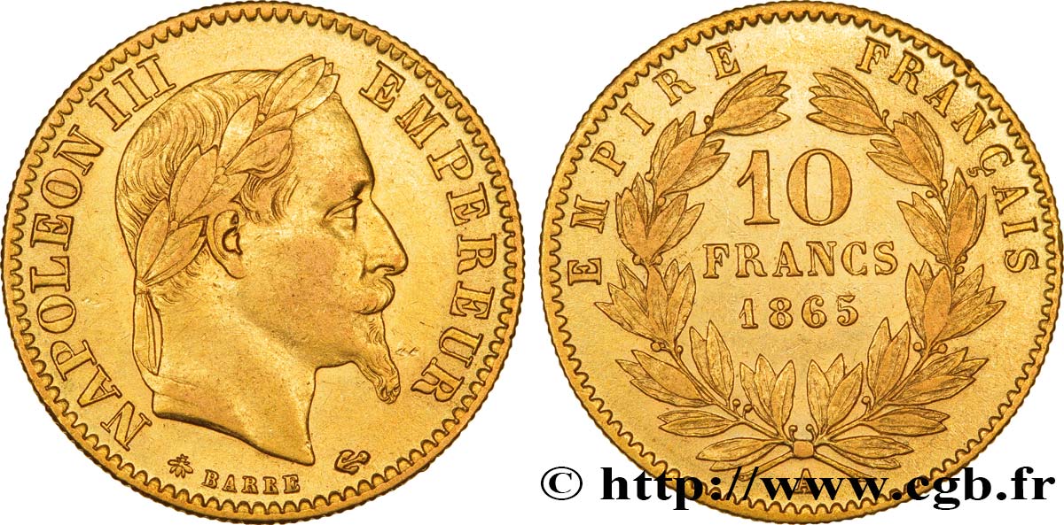10 francs or Napoléon III, tête laurée 1865 Paris F.507A/9 XF45 
