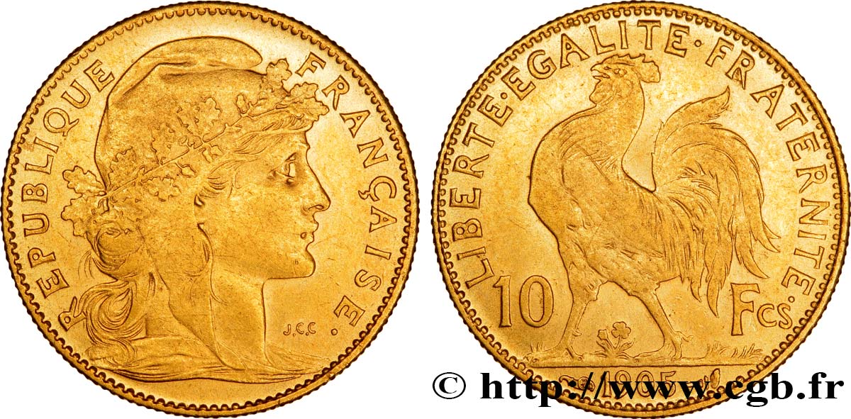 10 francs or Coq 1905 Paris F.509/6 AU52 