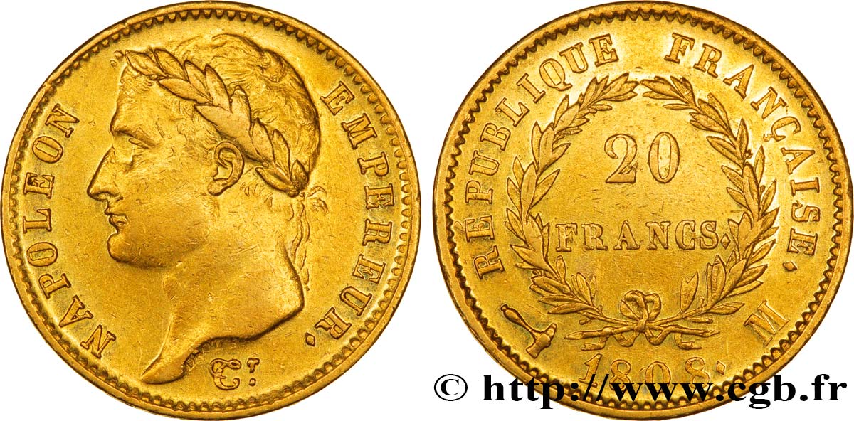 20 francs or Napoléon tête laurée, République française 1808 Toulouse F.515/4 TTB48 